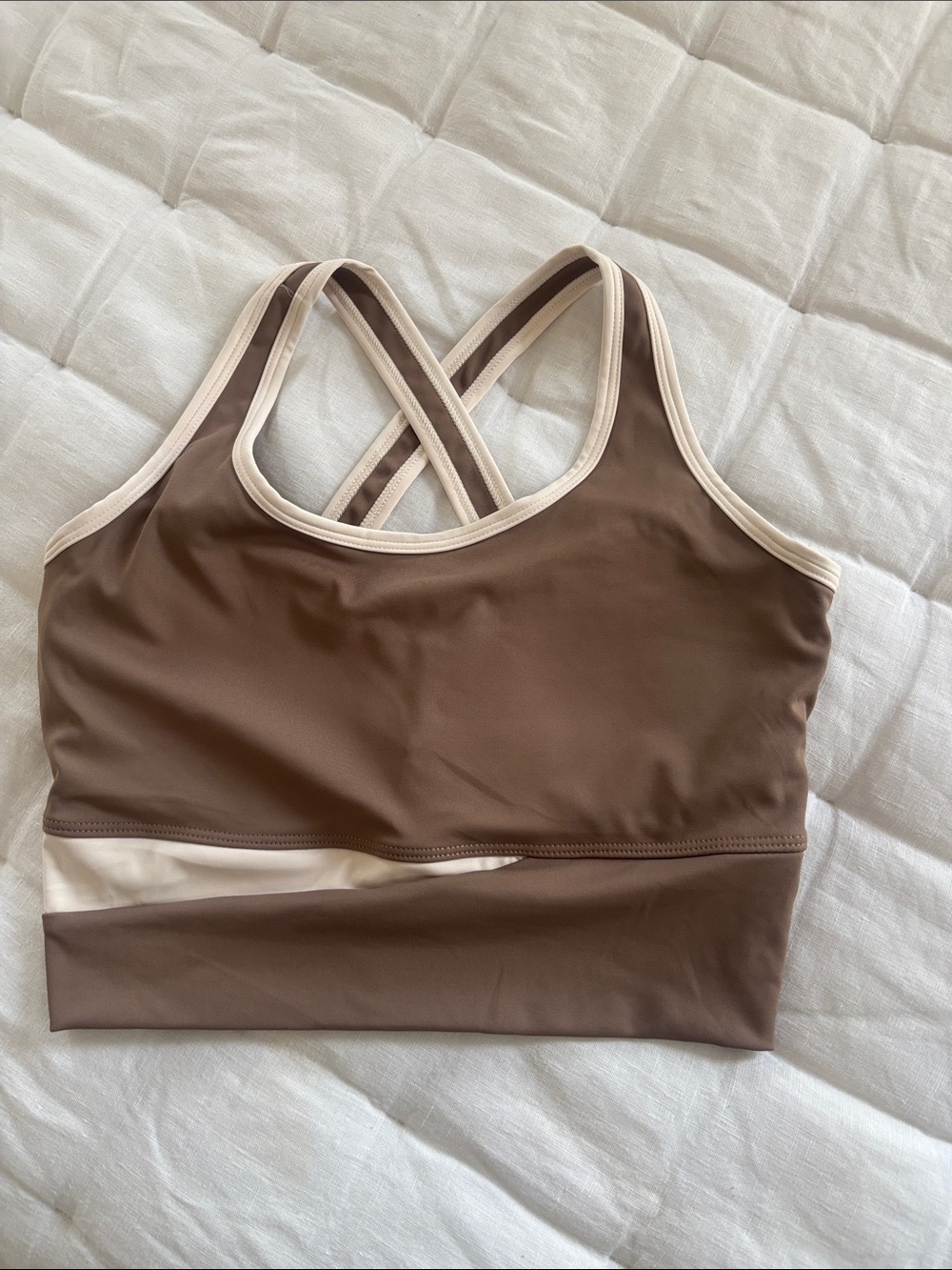 Contrast-Trim Brown Crossback Sports Bra